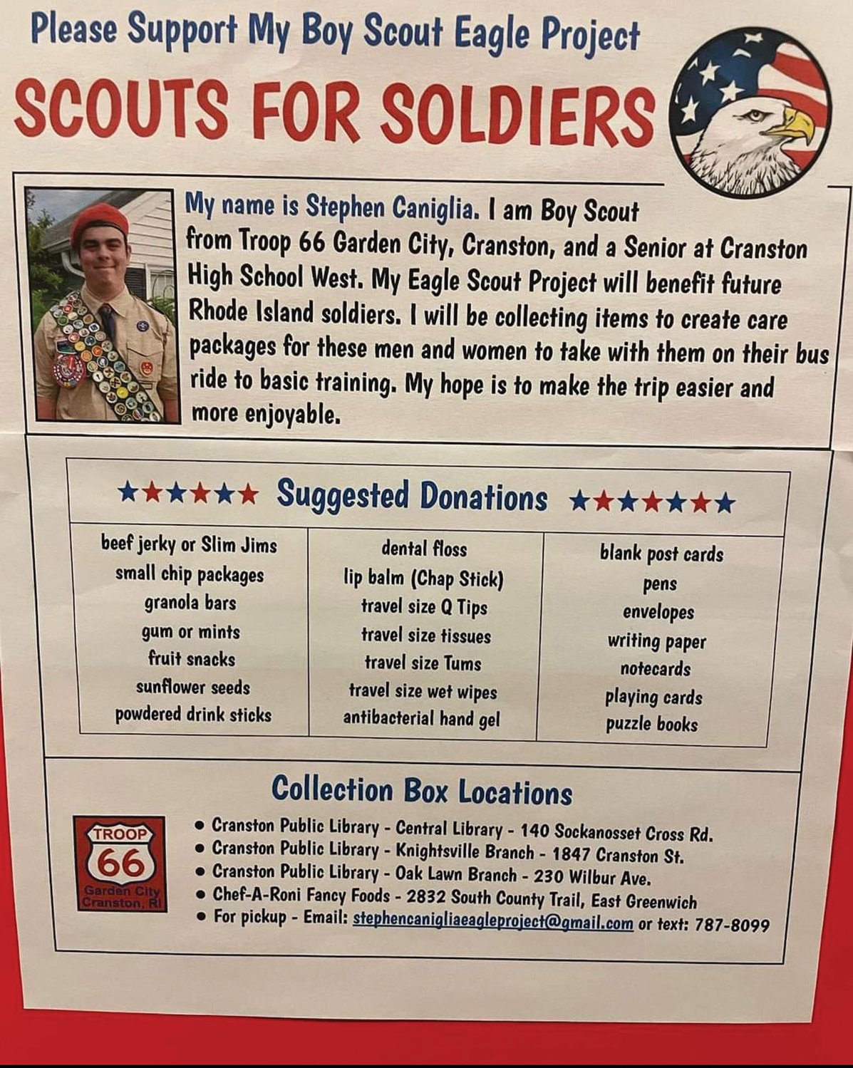 SUGGESTED DONATIONS: Stephen Caniglia has distributed this flyer, looking for donations to help him complete his Eagle Scout project.